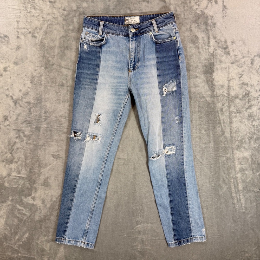 Free People Straight Jeans Women's Size 25 Blue Patchwork Distressed Two Tone